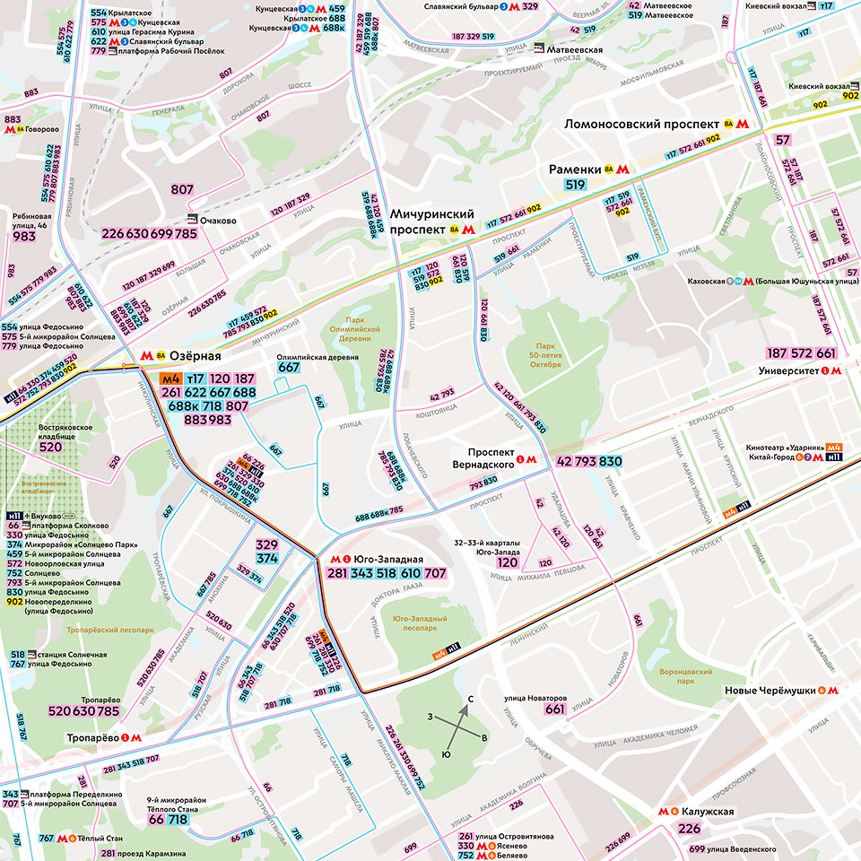 Схема обновлённых маршрутов в районе новых станций метро «Мичуринский проспект» и «Озёрная»